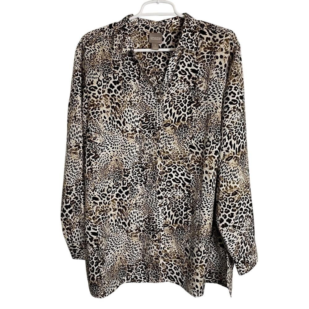 Chico's Button Down Blouse Womens Size 3 Long Sleeve Animal Print Mobwives Top